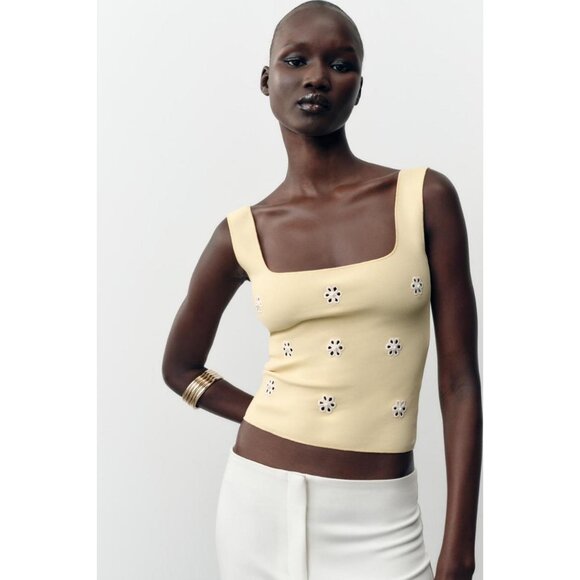 ZARA FLORAL EMBROIDERED STRETCH TOP - Picture 1 of 8